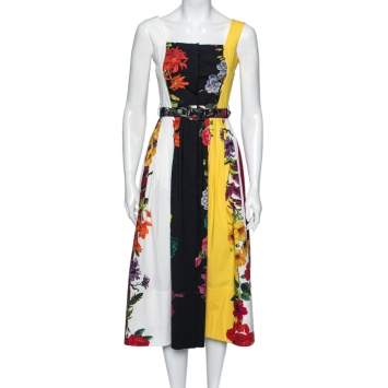 Pre Owned Oscar de la Renta Multicolor Floral Printed Cotton Pleated and Button Front Belted Midi Dress XS