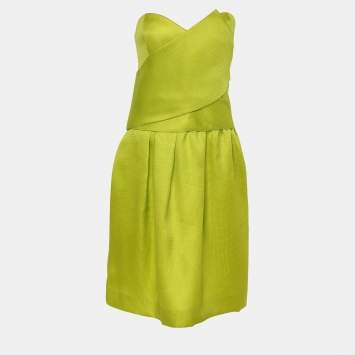 Pre Owned Oscar de la Renta Lime Green Silk Basket Weave Strapless Dress L