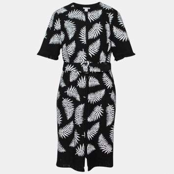 Pre Owned Oscar de la Renta Black Printed Cotton Dress L