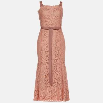 Pre Owned Oscar de la Renta Peach Floral Lace Fluted Hem Sleeveless Dress L