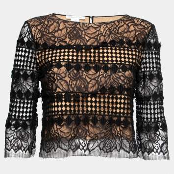 Pre Owned Oscar de la Renta Black Guipure Lace Round Neck Cropped Top S