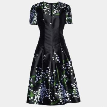 Pre Owned Oscar de la Renta Black Silk Floral Jacquard Flared Dress XL