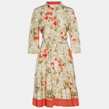 Pre Owned Oscar de la Renta Beige Brushstroke Print Silk Midi Dress XL