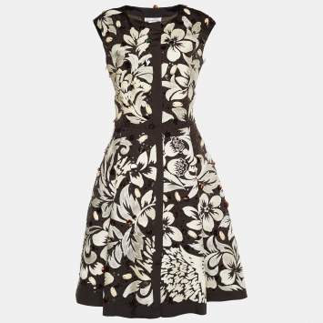 Pre Owned Oscar de la Renta Brown Silk Embellished Sleeveless Dress L