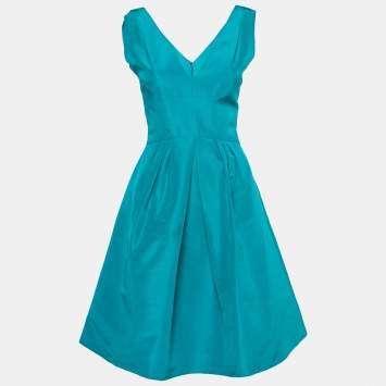 Pre Owned Oscar de la Renta Teal Silk Sleeveless Pleated Dress M