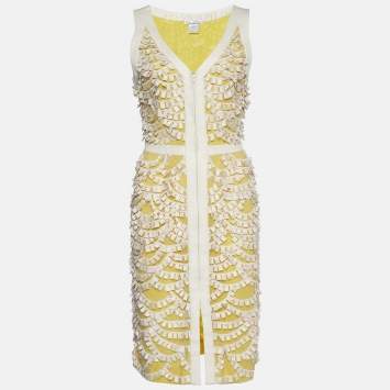 Pre Owned Oscar de la Renta Cream & Yellow Embellished Tulle Sleeveless Dress L