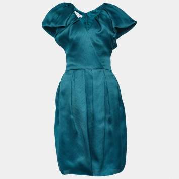Pre Owned Oscar de la Renta Teal Blue Basket Weave Cocktail Dress M
