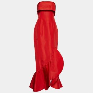 Pre Owned Oscar de la Renta Red Silk Strapless Gown M