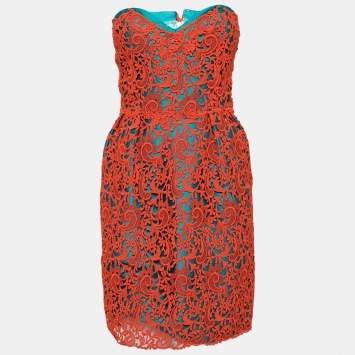 Pre Owned Oscar de la Renta Teal & Orange Lace Overlay Strapless Dress XS