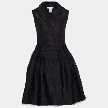 Pre Owned Oscar de la Renta Black Silk Tiered Sleeveless Dress M