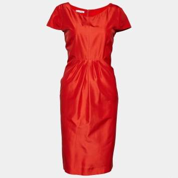 Pre Owned Oscar de la Renta Orange Silk Pleated Detail Midi Dress L