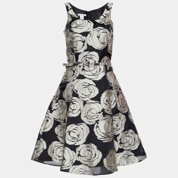 Pre Owned Oscar de la Renta Black Floral Jacquard Silk Belted Midi Dress M