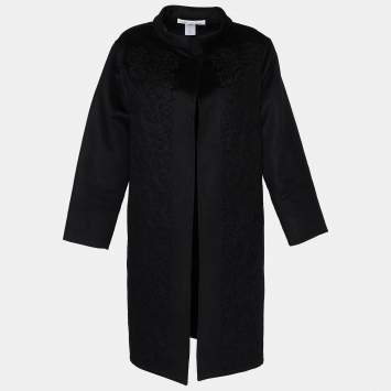 Pre Owned Oscar de La Renta Black Embroidered Wool & Angora Mid Length Coat M