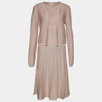 Pre Owned Oscar de la Renta Dusty Pink Sequined Knit Cardigan & Midi Dress M