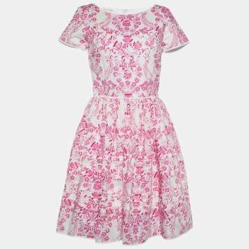 Pre Owned Oscar de la Renta Pink Floral Batik Print Cotton Dress XS