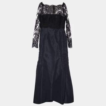 Pre Owned Oscar de la Renta Navy Blue Silk Taffeta & Lace Boat Neck Gown L