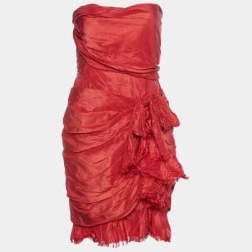 Pre Owned Oscar de la Renta Red Silk Ruched Bow Detail Strapless Mini Dress L