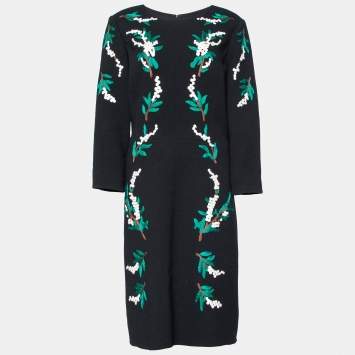 Pre Owned Oscar de la Renta Black Floral Embroidered Wool Midi Dress XL