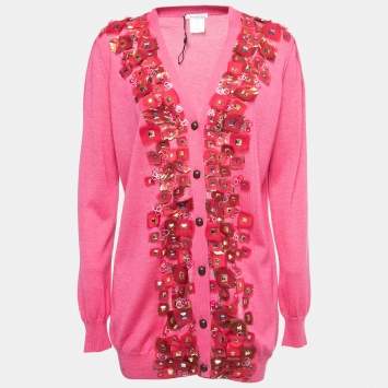 Pre Owned Oscar de la Renta Pink Embellished Cashmere and Silk Knit Button Front Cardigan M