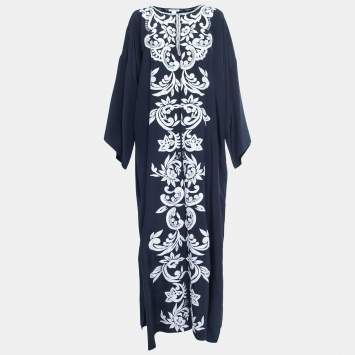 Pre Owned Oscar de la Renta Navy Blue Embroidered Silk Abhaya L