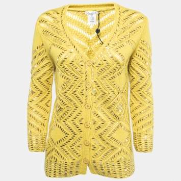 Pre Owned Oscar de la Renta Yellow Embellished Cashmere Knit Button Front Cardigan M