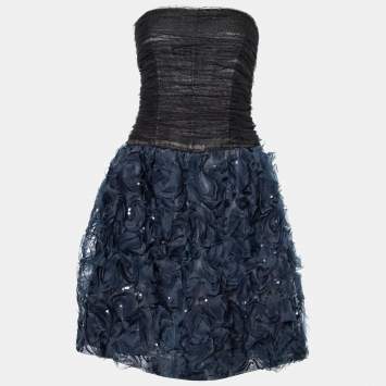 Pre Owned Oscar de la Renta Black Tulle & Floral Silk Sequin Embellished Mini Dress L