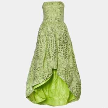 Pre Owned Oscar De La Renta Lime Green Lurex Lame Strapless High Low Hem Gown L