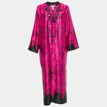 Pre Owned Oscar de la Renta Pink/Black Printed Satin Kaftan Dress S
