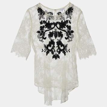 Pre Owned Oscar de la Renta White Lace Contrast Embroidery High Low Hem Top M