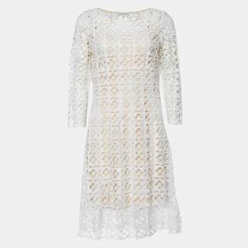 Pre Owned Oscar de la Renta White Lace Midi Dress M