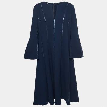 Pre Owned Oscar de la Renta Navy Blue Wool Metallic Trim Midi Dress XL