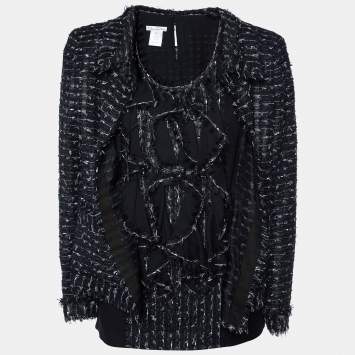 Pre Owned Oscar de la Renta Black Tweed Ruffled Blouse & Jacket Set L