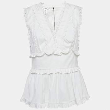 Pre Owned Oscar de la Renta White Lace Trim Cotton Ruffled Peplum Top M