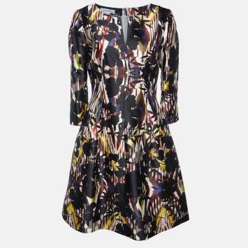 Pre Owned Oscar de la Renta Black Tropical Ikat Print Silk & Cotton A-Line Dress L