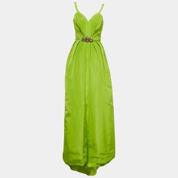 Pre Owned Oscar de la Renta Green Silk Crystal Detail Belted Gown S