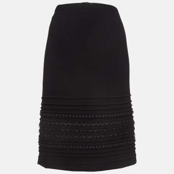 Pre Owned Oscar de la Renta Black Lace Trim Wool Pencil Skirt MTO/XL