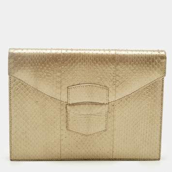 Pre Owned Oscar De La Renta Gold Watersnake Leather Small Grafton Clutch