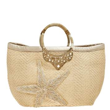 Pre Owned Oscar de la Renta Beige Woven Raffia Starfish Embellished Tote 