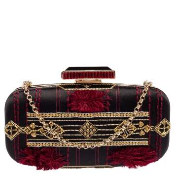 Pre Owned Oscar de la Renta Black Satin Sequin Embellished Chain Clutch