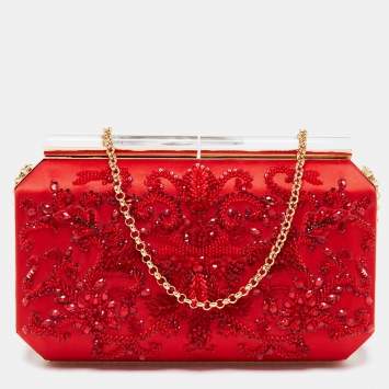 Pre Owned Oscar de la Renta Red Satin Saya Beads Embellished Chain Clutch