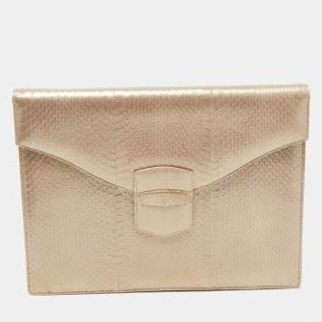 Pre Owned Oscar de la Renta Gold Python Grafton Clutch
