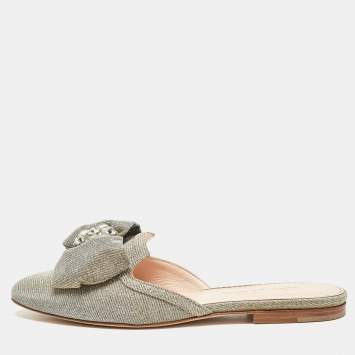 Pre Owned Oscar de la Renta Silver Lamé Fabric Patrizia Flat Mules Size 37