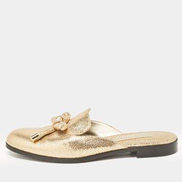 Pre Owned Oscar de la Renta Gold Crinkled Leather Bow Flat Mules Size 38