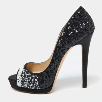 Pre Owned Oscar de la Renta Black Satin and Sequins Peep Toe Platform Pumps Size 38.5