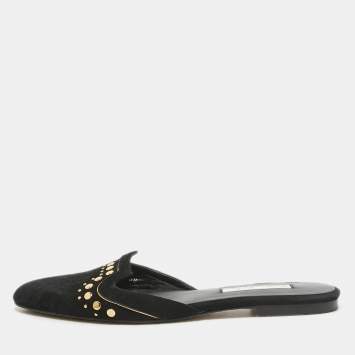 Pre Owned Oscar de la Renta Black Suede Studded Flat Mules Size 38