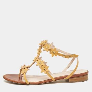 Pre Owned Oscar de la Renta Yellow Floral Jenisa Flat Sandals Size 40