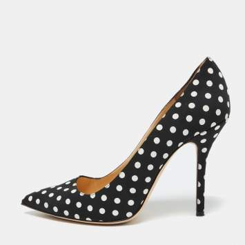 Pre Owned Oscar de la Renta Black/White Fabric Polka Dots Printed Pointed Toe Pumps Size 41