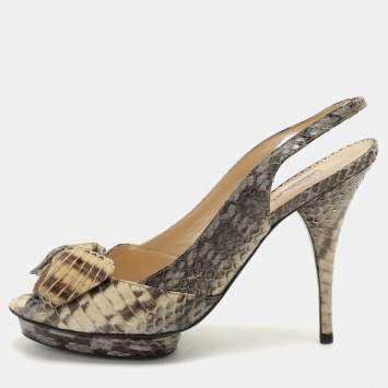Pre Owned Oscar de la Renta Snakeskin Leather Slingback Bow Peep Toe Sandals 38.5