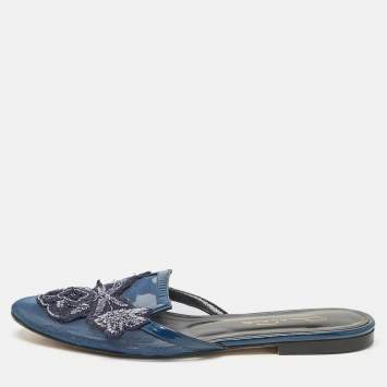 Pre Owned Oscar de la Renta Navy Blue Mesh Embellished Flat Mules Size 38