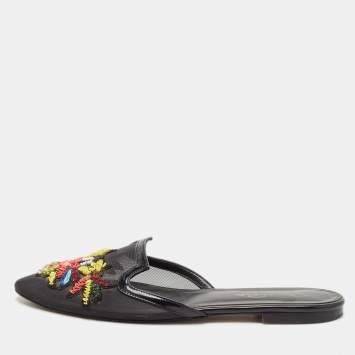 Pre Owned Oscar de la Renta Black Mesh And Patent Leather Embellished Flat Mules Size 41
